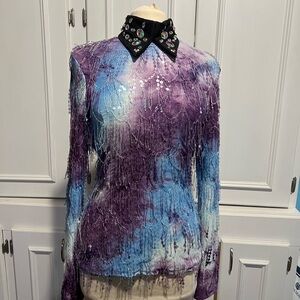 Western showmanship jacket purple, white, and Blue with black collar and cuffs.